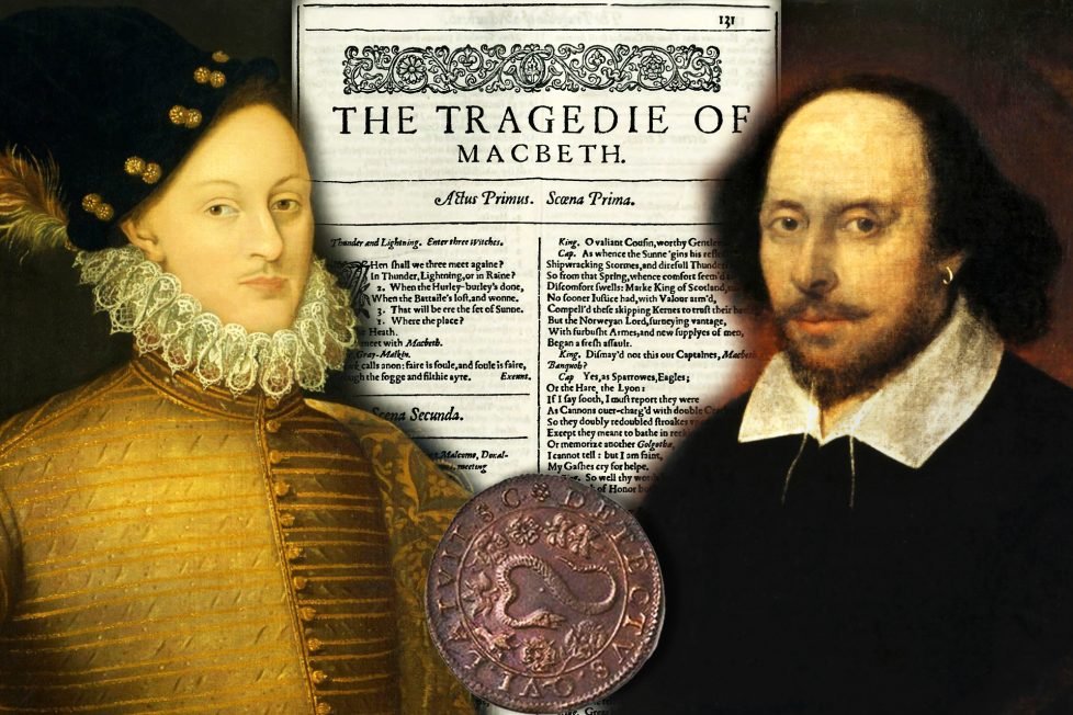 A composite image featuring portraits of William Shakespeare and Edward de Vere, the 17th Earl of Oxford, side by side. Between them, there's a page from the First Folio, 1623, titled "The Tragedie of Macbeth," displaying the initial scenes of the play with ornate typography and detailing. In the bottom center, the "Unmasking the Gunpowder Plot Coin" from 1605 is visible, showcasing its intricate design. Shakespeare is depicted with his iconic high forehead and collar, while Edward de Vere is adorned in a golden embroidered outfit with a feathered cap.