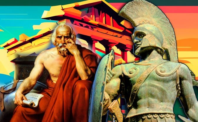 A vibrant and colorful collage showcasing elements of ancient Greek culture. On the left, there's a detailed portrayal of Lycurgus (Lykourgos, Lycurgue), legislator of Sparta, in deep thought, draped in a red robe and holding a scroll. To the right stands a stoic Spartan warrior, characterized by his detailed armor and distinct helmet with a large plume. Abstract geometric shapes and a representation of Greek architecture form the backdrop.