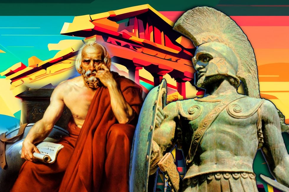 A vibrant and colorful collage showcasing elements of ancient Greek culture. On the left, there's a detailed portrayal of Lycurgus (Lykourgos, Lycurgue), legislator of Sparta, in deep thought, draped in a red robe and holding a scroll. To the right stands a stoic Spartan warrior, characterized by his detailed armor and distinct helmet with a large plume. Abstract geometric shapes and a representation of Greek architecture form the backdrop.
