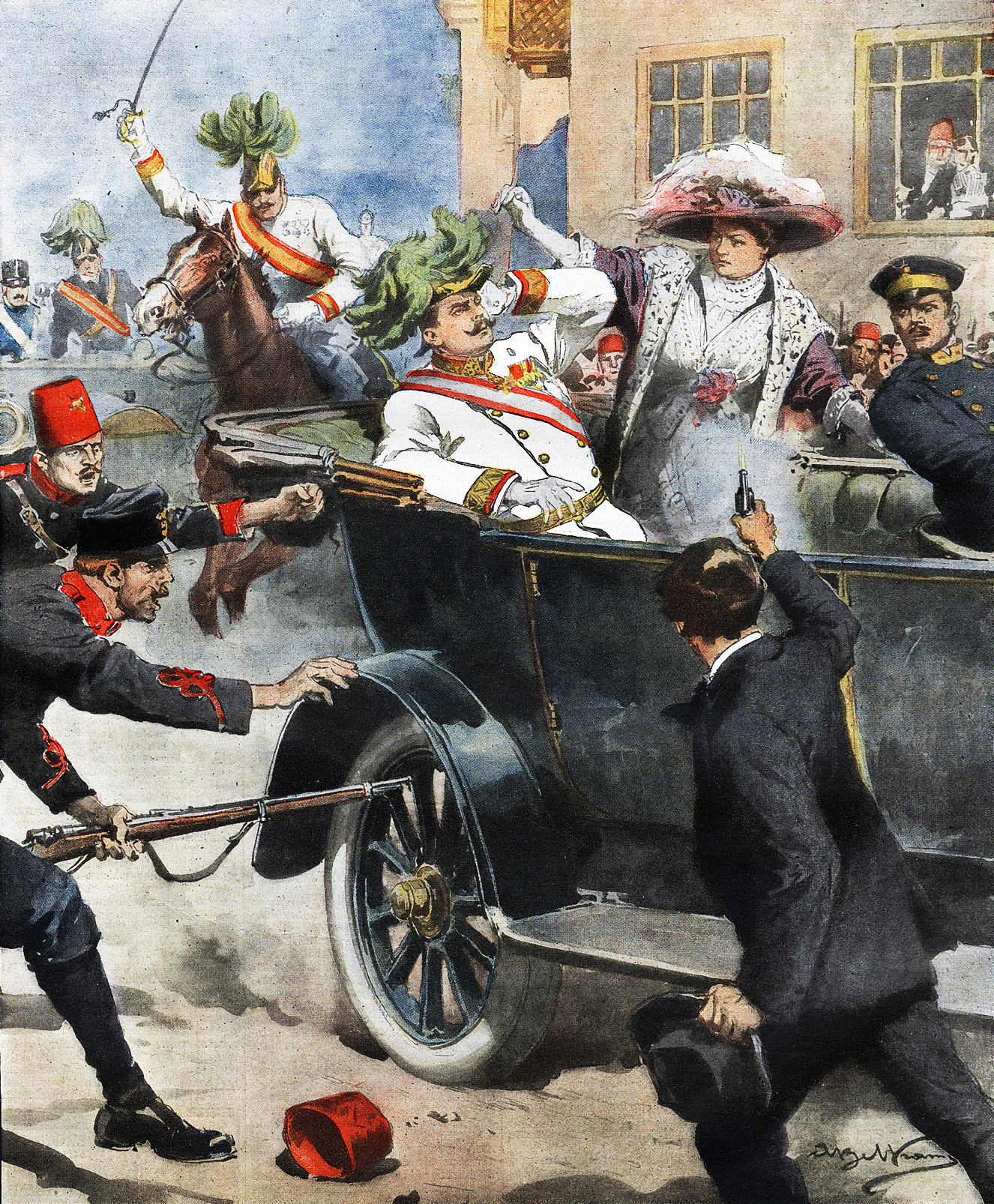 A historical illustration depicting the moment of the assassination of Archduke Franz Ferdinand and his wife in Sarajevo, 1914. The Archduke, wearing a white military uniform, is slumped back in an open-top car, next to his wife who is dressed in a white gown and a wide-brimmed hat. A man in the foreground aims a pistol at them, while another figure reaches out to the car. Soldiers and onlookers are in the background, conveying a scene of chaos and shock.