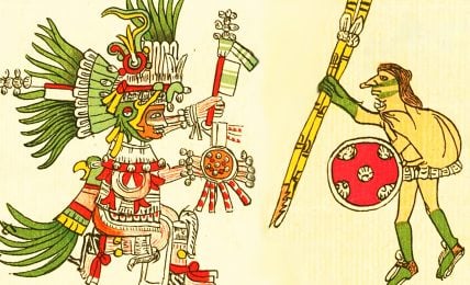 An illustration from the Codex Telleriano-Remensis (16th century) showing two depictions of the Aztec god Huitzilopochtli: On the left, Huitzilopochtli is shown in a colorful divine form with elaborate headdress, feathers, and ornaments. On the right, he is depicted in a more human form, holding a long weapon and a shield.