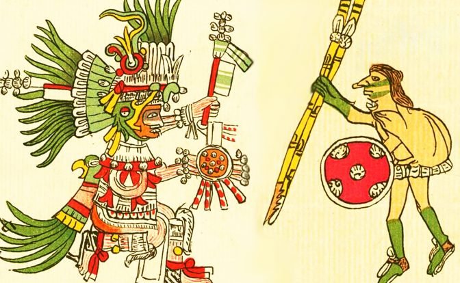 An illustration from the Codex Telleriano-Remensis (16th century) showing two depictions of the Aztec god Huitzilopochtli: On the left, Huitzilopochtli is shown in a colorful divine form with elaborate headdress, feathers, and ornaments. On the right, he is depicted in a more human form, holding a long weapon and a shield.