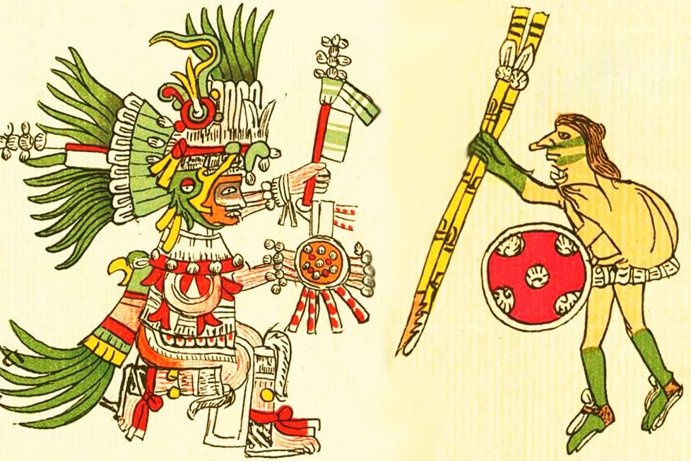 An illustration from the Codex Telleriano-Remensis (16th century) showing two depictions of the Aztec god Huitzilopochtli: On the left, Huitzilopochtli is shown in a colorful divine form with elaborate headdress, feathers, and ornaments. On the right, he is depicted in a more human form, holding a long weapon and a shield.