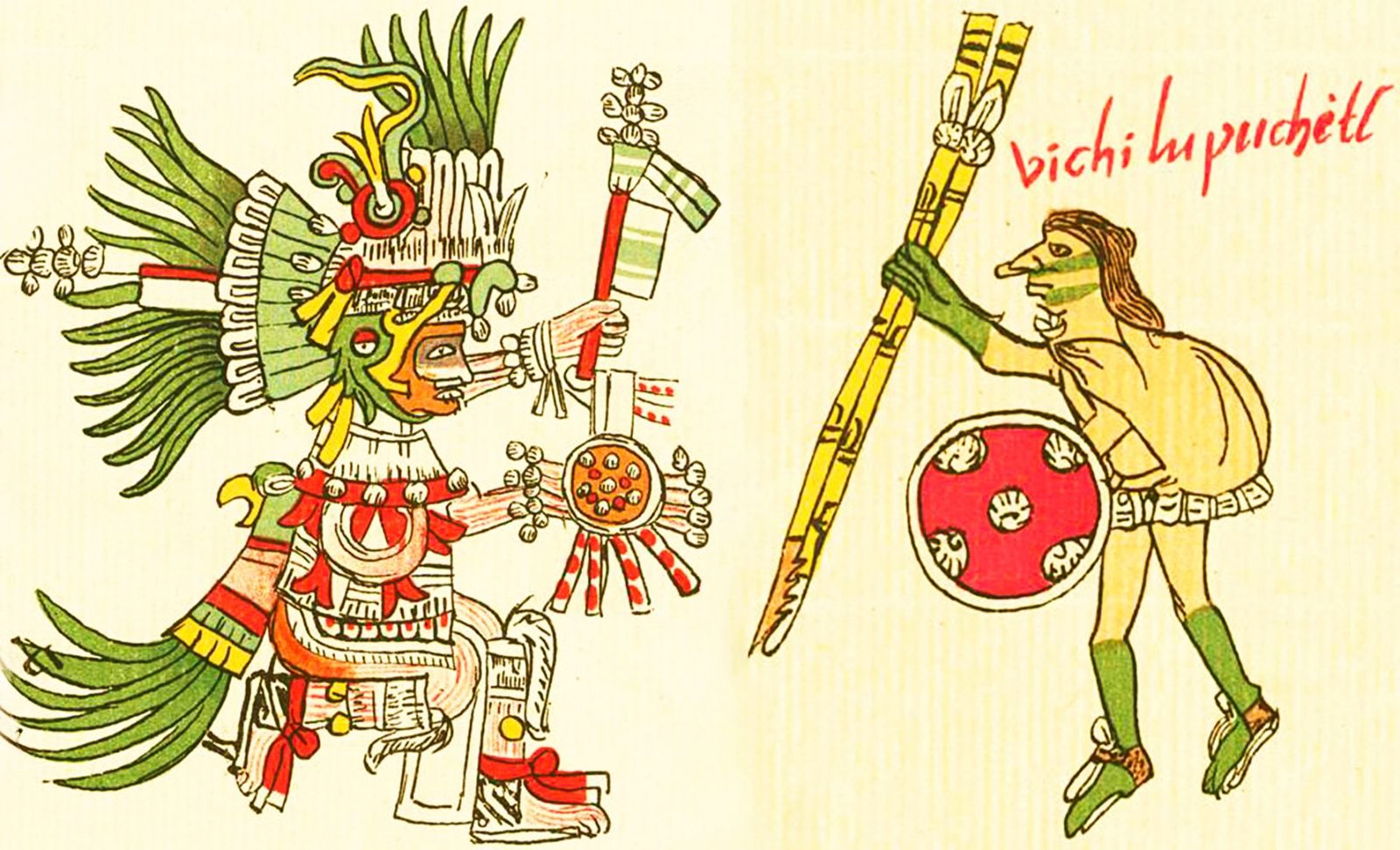 An illustration from the Codex Telleriano-Remensis (16th century) showing two depictions of the Aztec god Huitzilopochtli: On the left, Huitzilopochtli is shown in a colorful divine form with elaborate headdress, feathers, and ornaments. On the right, he is depicted in a more human form, holding a long weapon and a shield.