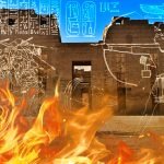 The image is a composite that creatively blends a photograph of Medinet Habu, the Mortuary Temple of Ramesses III in Luxor, Egypt, with illustrations that evoke the Battle of the Delta around 1175 BC. This battle was a crucial part of Egypt's defense against the Sea Peoples during the reign of Ramesses III. The temple serves as the backdrop, showcasing detailed hieroglyphic carvings on its ancient walls. Superimposed on this backdrop are white line illustrations that recall the dynamic scenes of Egyptian military encounters, typical of the art style found in Ramesses III's temple commemorating his victories. At the bottom of the image, flames have been digitally inserted, perhaps as a metaphor for the conflict or the dramatic impact of the Sea Peoples on the Bronze Age civilizations and the Bronze Age Collapse.