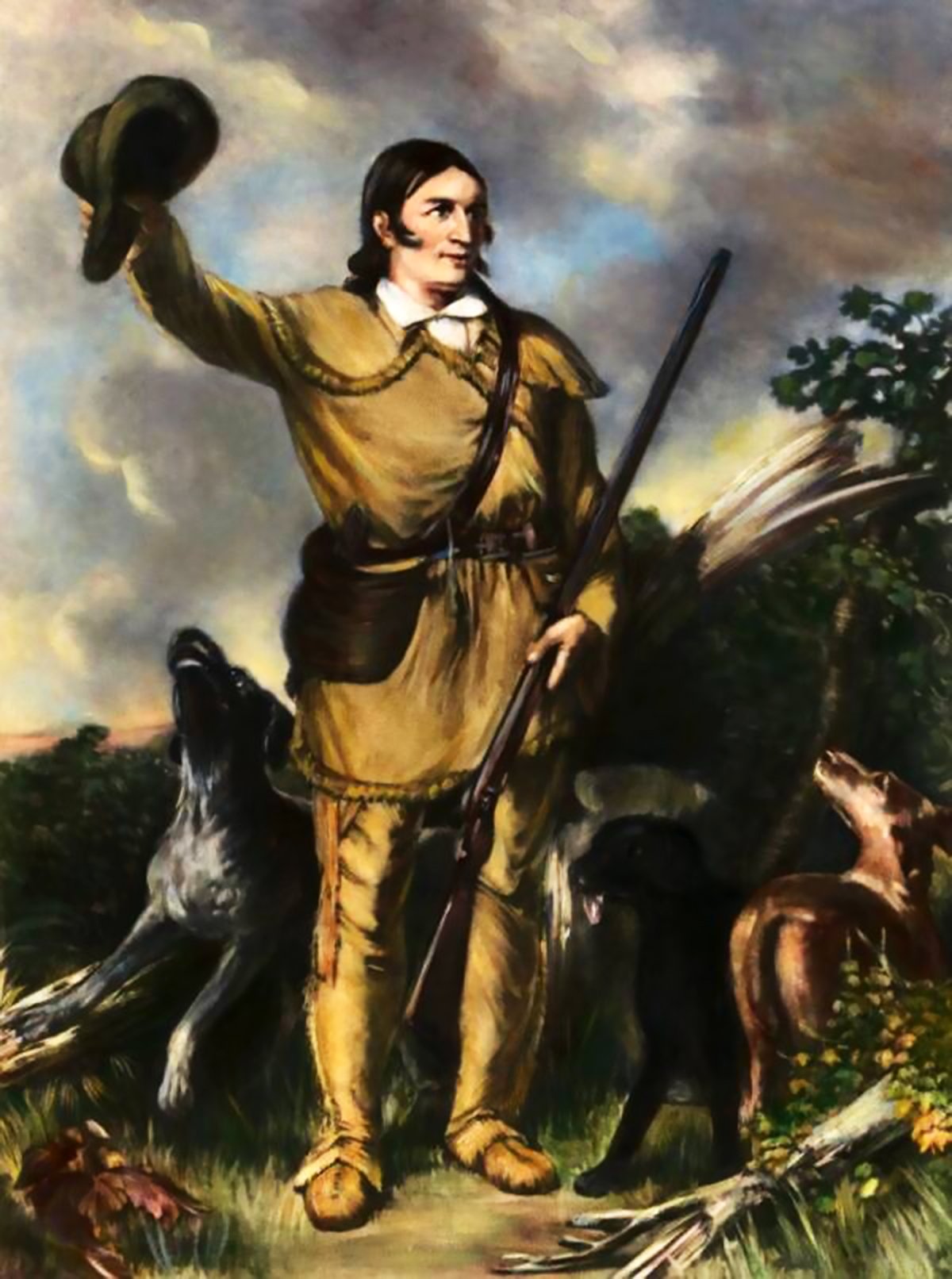 An 1839 painting by John Gadsby Chapman depicting Davy Crockett in a golden-hued outfit, holding his hat aloft in one hand and a rifle in the other. He stands amidst a wilderness scene with three dogs by his side, and lush greenery and fallen branches surrounding him against a cloudy sky backdrop.