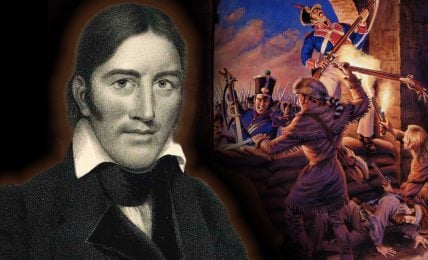 A split image featuring two distinct visuals. On the left, a detailed monochrome portrait of Davy Crockett showcases his prominent features, with deep-set eyes and a firm expression. He is dressed in early 19th-century attire, including a high-collared shirt and dark jacket. On the right, a vivid, colorful depiction of a historical battle scene where soldiers in uniforms clash fiercely with frontier defenders. One of the defenders, dressed in fringed clothing and a coonskin cap reminiscent of Davy Crockett, fiercely confronts an attacking soldier.