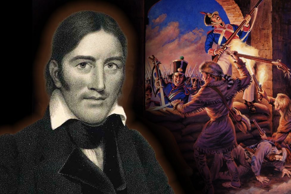 A split image featuring two distinct visuals. On the left, a detailed monochrome portrait of Davy Crockett showcases his prominent features, with deep-set eyes and a firm expression. He is dressed in early 19th-century attire, including a high-collared shirt and dark jacket. On the right, a vivid, colorful depiction of a historical battle scene where soldiers in uniforms clash fiercely with frontier defenders. One of the defenders, dressed in fringed clothing and a coonskin cap reminiscent of Davy Crockett, fiercely confronts an attacking soldier.