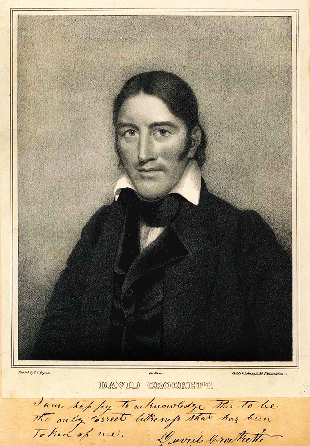 A vintage portrait of David Crockett, depicted in grayscale. Crockett is presented from the chest up, wearing a dark jacket and white collar. He has a stern expression and looks directly at the viewer. Below the portrait, there's handwritten text that reads, 'I am happy to acknowledge this to be the only correct likeness that has been taken of me. - David Crockett.