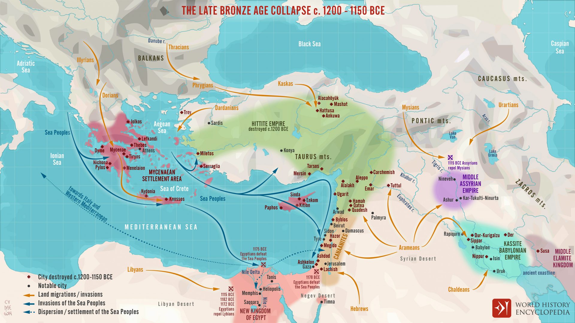 A detailed map titled "THE LATE BRONZE AGE COLLAPSE c. 1200–1150 BCE" depicting the Mediterranean and surrounding regions. The map illustrates city destructions, notable cities, land migrations/invasions, invasions of the Sea Peoples, and their subsequent dispersion. Major civilizations like the Mycenaean, Hittite Empire, and Middle Assyrian Empire are highlighted. Notable cities like Athens, Troy, Nineveh, and Memphis are marked. The map also shows the routes taken by various groups, such as the Sea Peoples, Dorians, and Mysians, with different colored arrows. The paths of the Sea Peoples' invasions into Egypt are also highlighted.