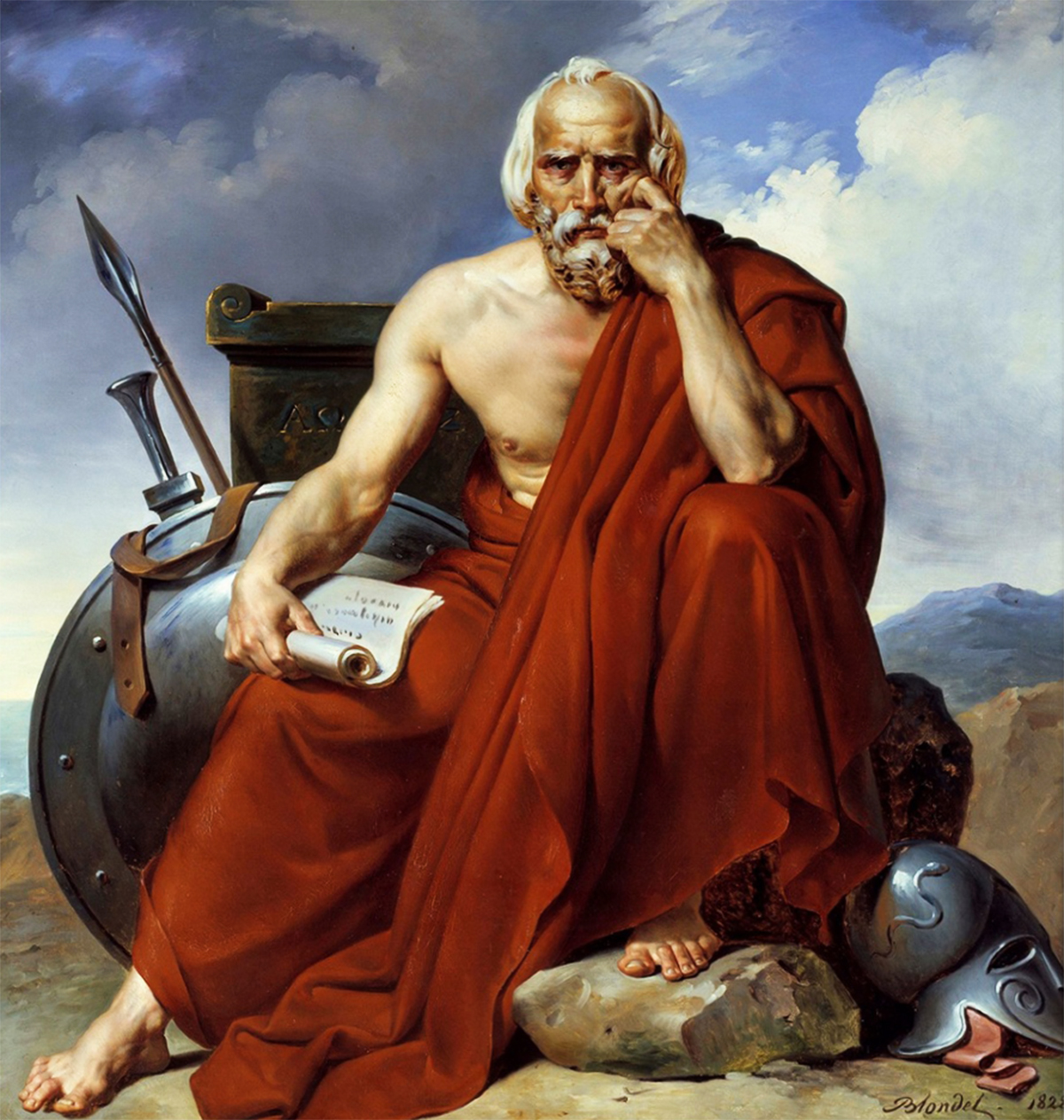 A painting of Lycurgus, the ancient legislator of Sparta, created by Merry Joseph Blondel in 1828. Lycurgus is depicted as an elderly, bearded man with a contemplative expression, wearing a deep red robe. He sits on a rock, holding a scroll inscribed with Greek text in one hand. Beside him are symbols of warfare and Sparta: a bronze shield, a helmet, and a spear. A dramatic sky with clouds forms the background.