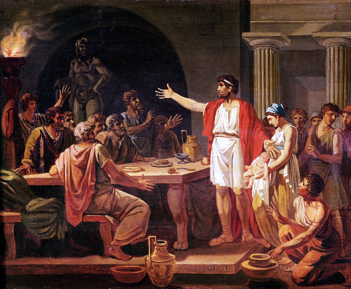 A painting titled 'Study for Lycurgus Showing the Ancients of Sparta their King' by Jacques Louis David from 1791. The scene unfolds in a typical Spartan mess hall with grand columns and arches. In the center, the legendary lawgiver Lycurgus stands assertively in a white robe with a red cloak, gesturing toward a group of attentive Spartan elders seated at a table. They react with a mixture of surprise and reverence. To Lycurgus's right, a Spartan woman holding an infant is accompanied by children, representing the future generations of Sparta. On the left, a large statue of a Spartan warrior looms in the background, its silhouette emphasized by the glow of a nearby flame. This artwork powerfully conveys the reverence and importance of Spartan leadership and tradition.