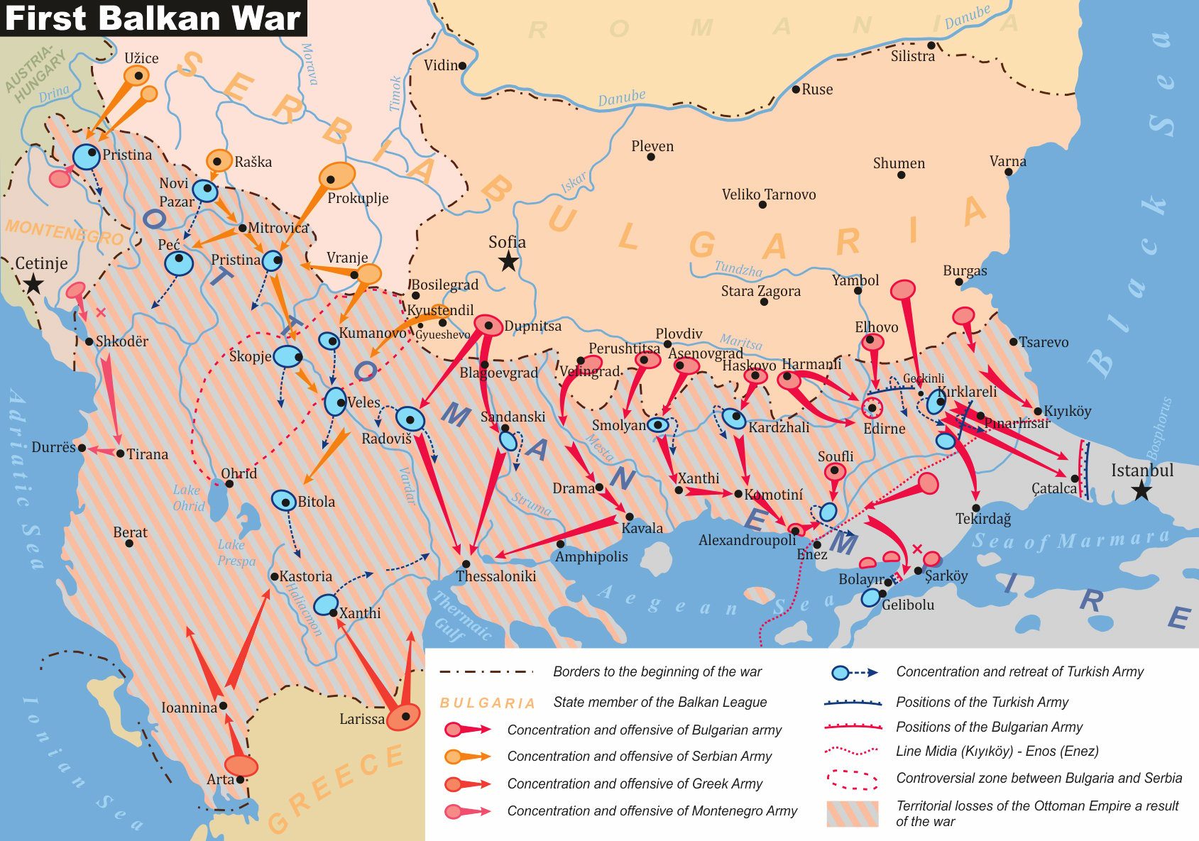 A detailed map illustrating the military movements and strategic positions during the First Balkan War. The map covers parts of the Balkan Peninsula, displaying major cities like Sofia and Istanbul.Various colored arrows and symbols indicate the concentration, offensives, and retreats of different national armies: Bulgarian, Serbian, Greek, Montenegrin, and Turkish. Dotted lines show borders at the beginning of the war. The key at the bottom right explains the symbolism: state members of the Balkan League, concentrations and offensives of each army, Turkish army positions and retreats, territorial losses of the Ottoman Empire, and controversial zones between countries.