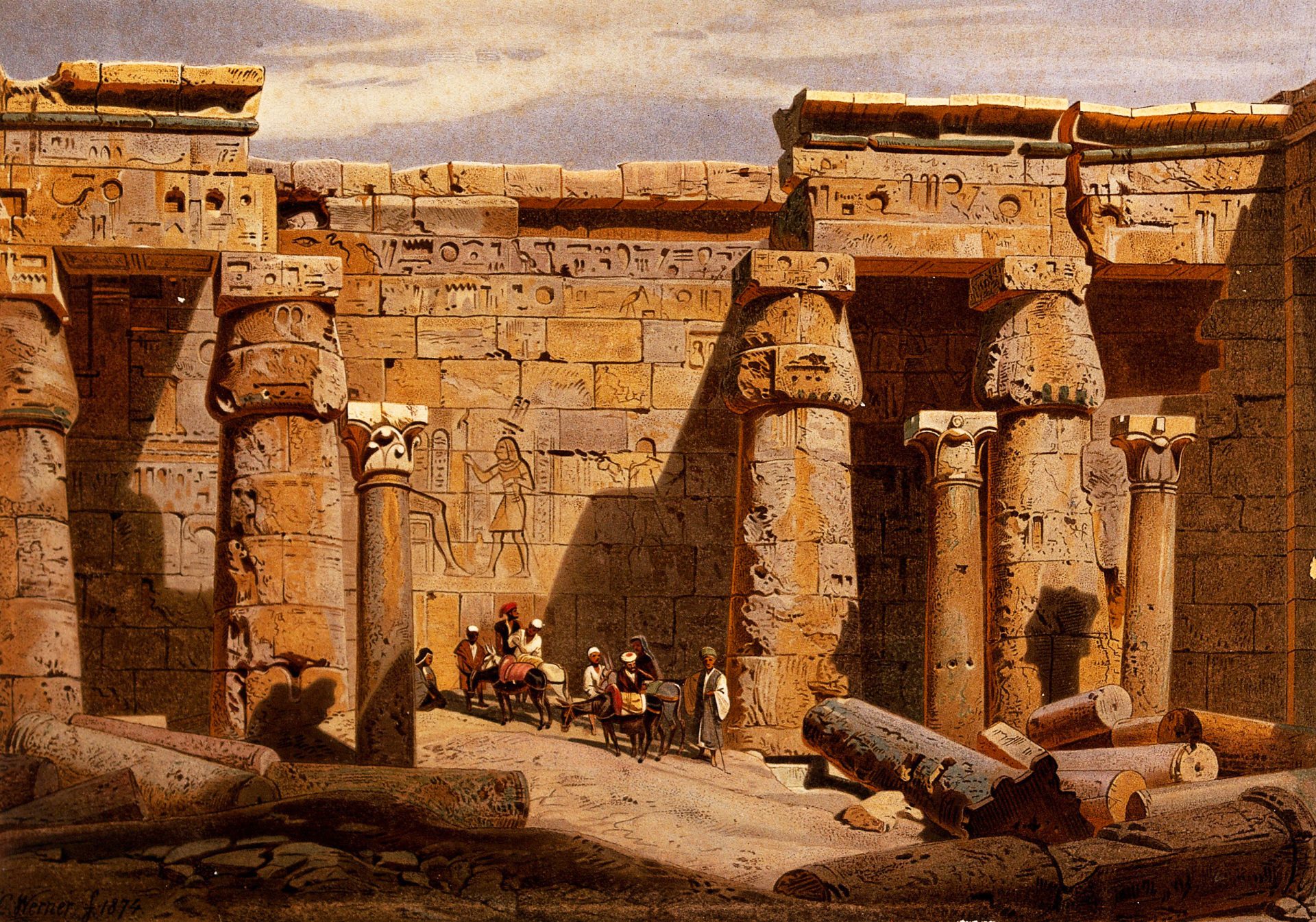 An intricately detailed color lithograph depicting the court of the Medinet-Habu temple in Egypt, showcasing towering pillars adorned with hieroglyphics and carvings. A small group of people, some on horseback, gather in the foreground. The artwork is by G.W. Seitz from around 1878, based on an original by Carl Werner in 1874.