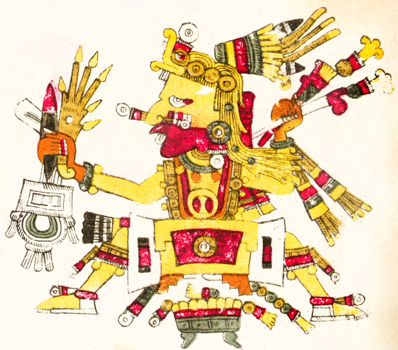A vibrant illustration from the Borgia Codex depicting Ometeotl, also known as Ometecuhtli and Tonacatecuhtli, adorned in intricate gold, red, and white garments and accessories, with symbols and ceremonial objects in hand.