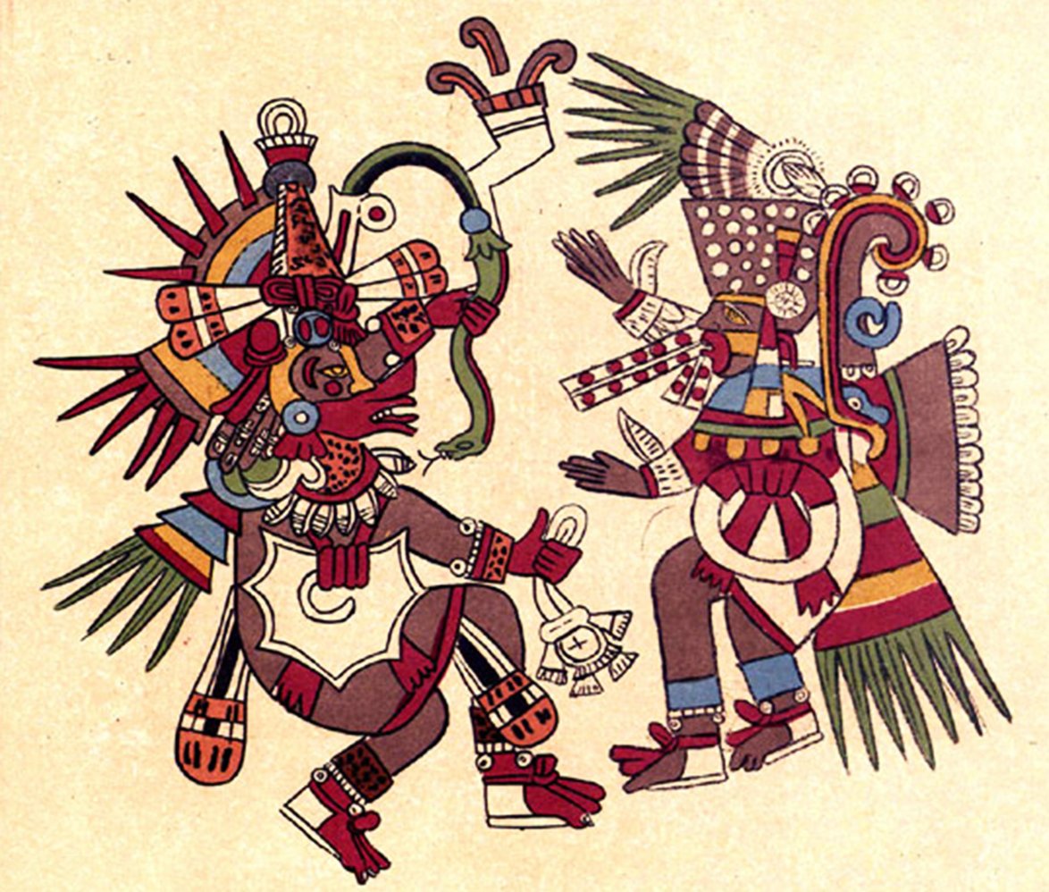 An intricate illustration from the 15th-century Codex Borbonicus depicting two prominent figures from Aztec mythology: Quetzalcoatl and Tezcatlipoca. On the left, Quetzalcoatl is shown with vibrant feathered adornments, including a large circular headdress. He holds a snake and is characterized by distinct facial features, decorated attire, and red-toned skin. On the right, Tezcatlipoca is presented with a striped face, a fan-like headdress, and richly detailed garments in various colors. He extends one hand as if gesturing or presenting. Both figures are surrounded by various symbolic elements and are rendered in the bold, colorful style typical of Aztec art. The background is a warm beige tone, highlighting the details of each deity.