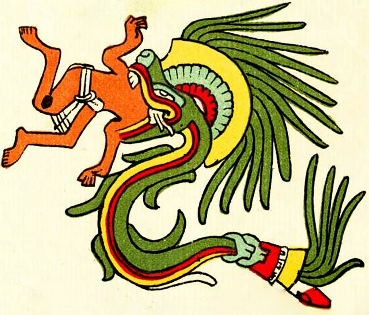 Quetzalcoatl depicted as a feathered serpent consuming a human. Representing the Aztec God of Wind and Wisdom, as illustrated in the Codex Telleriano-Remensis, 16th century.