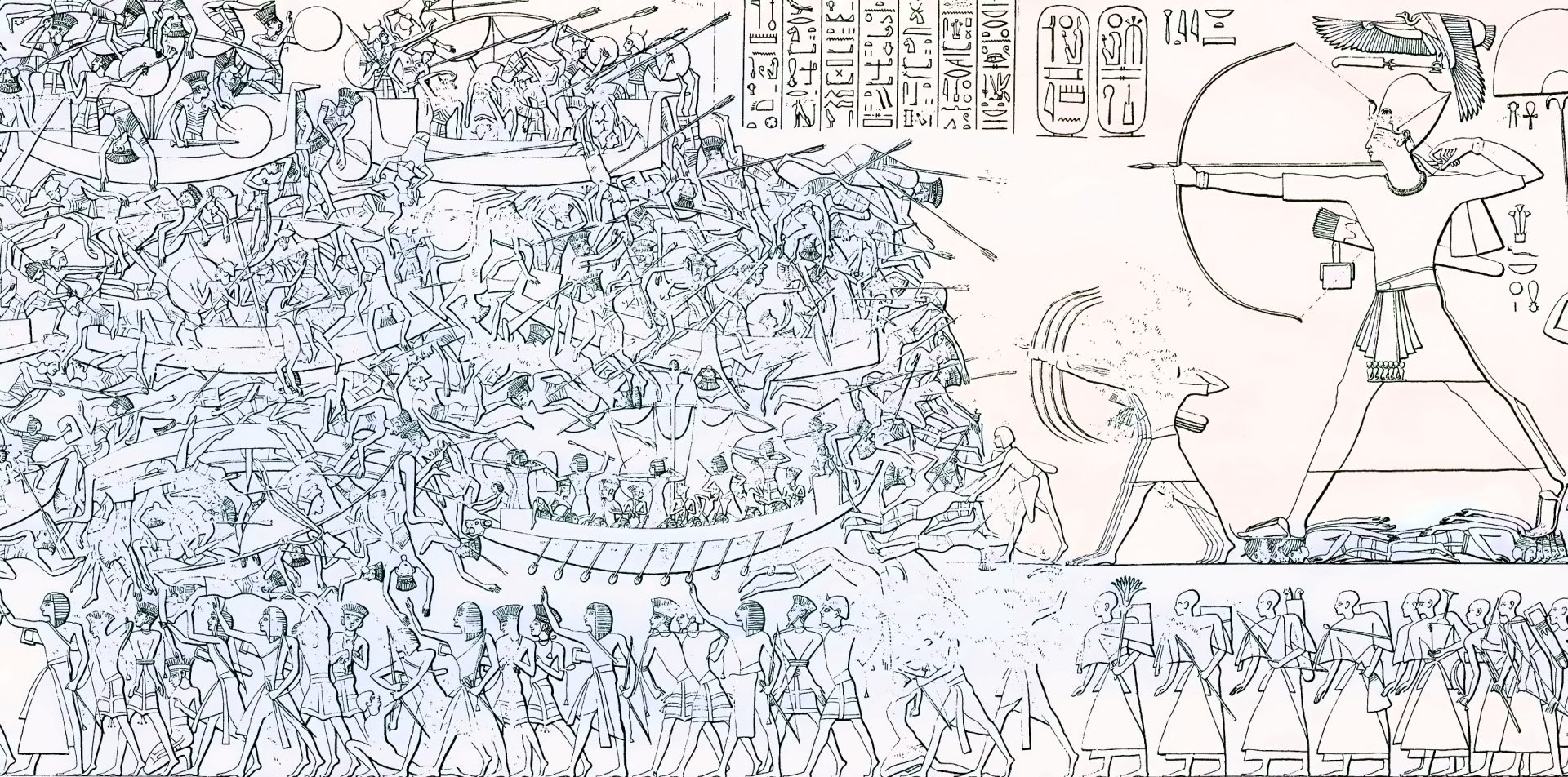 A detailed ancient Egyptian relief from the north wall of Medinet Habu, depicting the Battle of the Delta (c. 1175 BC) under the reign of Ramesses III. The scene showcases chaotic naval warfare with warriors in hand-to-hand combat, some falling into the waters, while boats are filled with soldiers. On the right side, a large figure, likely Ramesses III, stands majestically, drawing a bow and arrow, backed by hieroglyphic inscriptions. The fighters' hairstyles and accessories hint at their identity as the Sea Peoples from "northern countries," even though the accompanying hieroglyphs do not specifically name them.