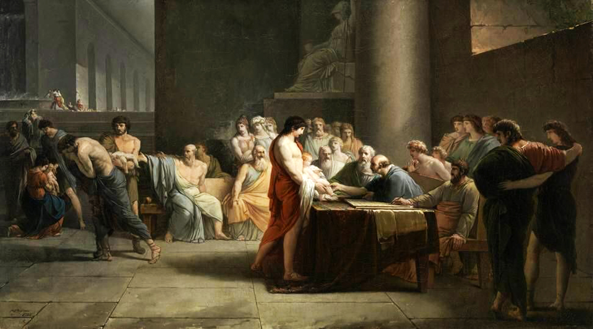 A painting depicting the scene of 'The Selection of Children in Sparta.' In a grand hall with tall columns and dimly lit surroundings, Spartan elders, seated at a long table, evaluate a newborn presented by a Spartan woman. Behind the central figures, onlookers, including men and women, anxiously await the decision. A beam of light illuminates the baby and the faces of the evaluators, emphasizing the gravity of the moment. The artwork captures the solemnity and significance of this Spartan ritual, where the fitness and future of a child were decided upon birth.