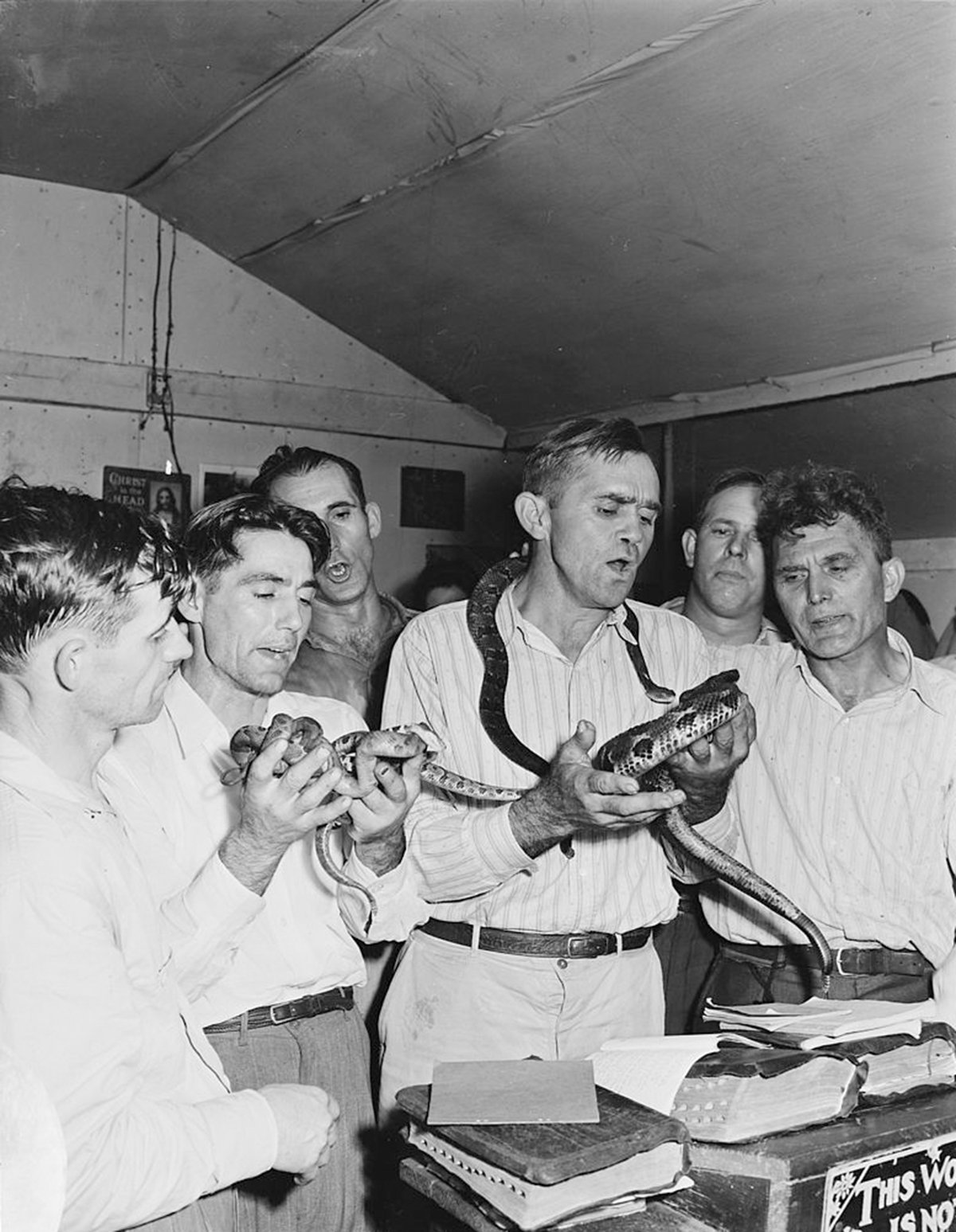 Black and white photograph from September 15, 1946, taken by Russell Lee, depicting a group of men inside a snake-handling church in Lejunior, Kentucky. The men, dressed in formal attire, are intently handling and observing serpents. A table in the foreground holds several open books, with a partially visible sign on the table's side. 
