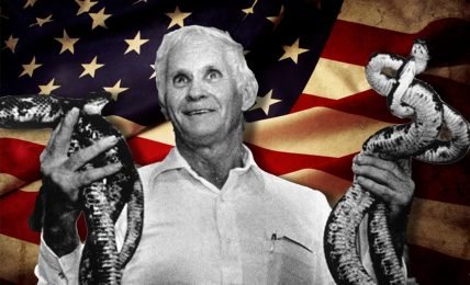 A composite image featuring George Hensley prominently holding snakes against a backdrop of the American flag. Hensley, dressed in a white shirt, gazes upwards, with a serene expression. The snakes he holds coil around his hands, with one snake poised with its head raised. The American flag in the background displays stars and stripes in varying shades of red, white, and blue, symbolizing the cultural context of snake-handling churches in America.