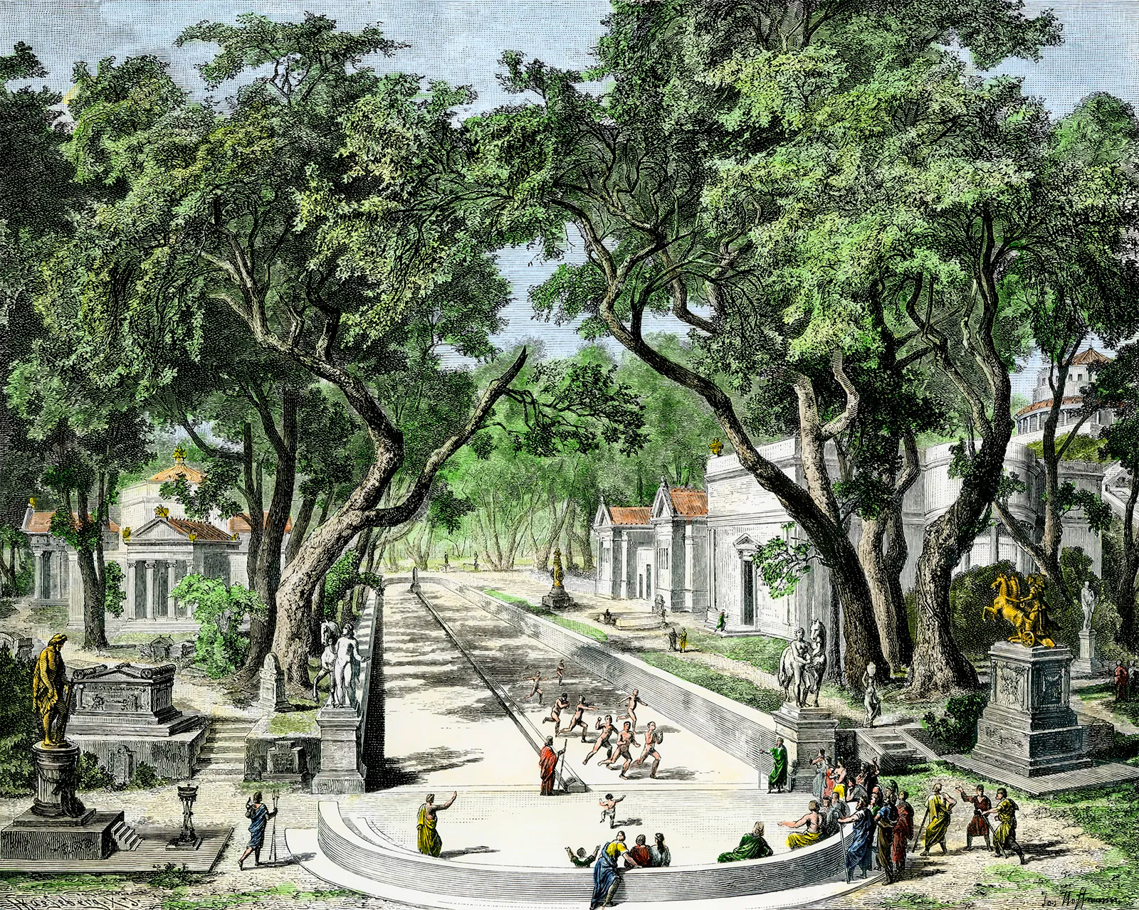 A detailed illustration depicting boys training in ancient Sparta. The scene unfolds in a lush, tree-lined avenue with classical architecture on either side. In the foreground, a group of young boys engage in athletics. Onlookers, possibly trainers or older citizens, watch their progress. Statues and monuments adorn the path, emphasizing the significance of martial training in Spartan culture. The overall atmosphere suggests discipline, tradition, and the importance of physical prowess in the Spartan way of life.