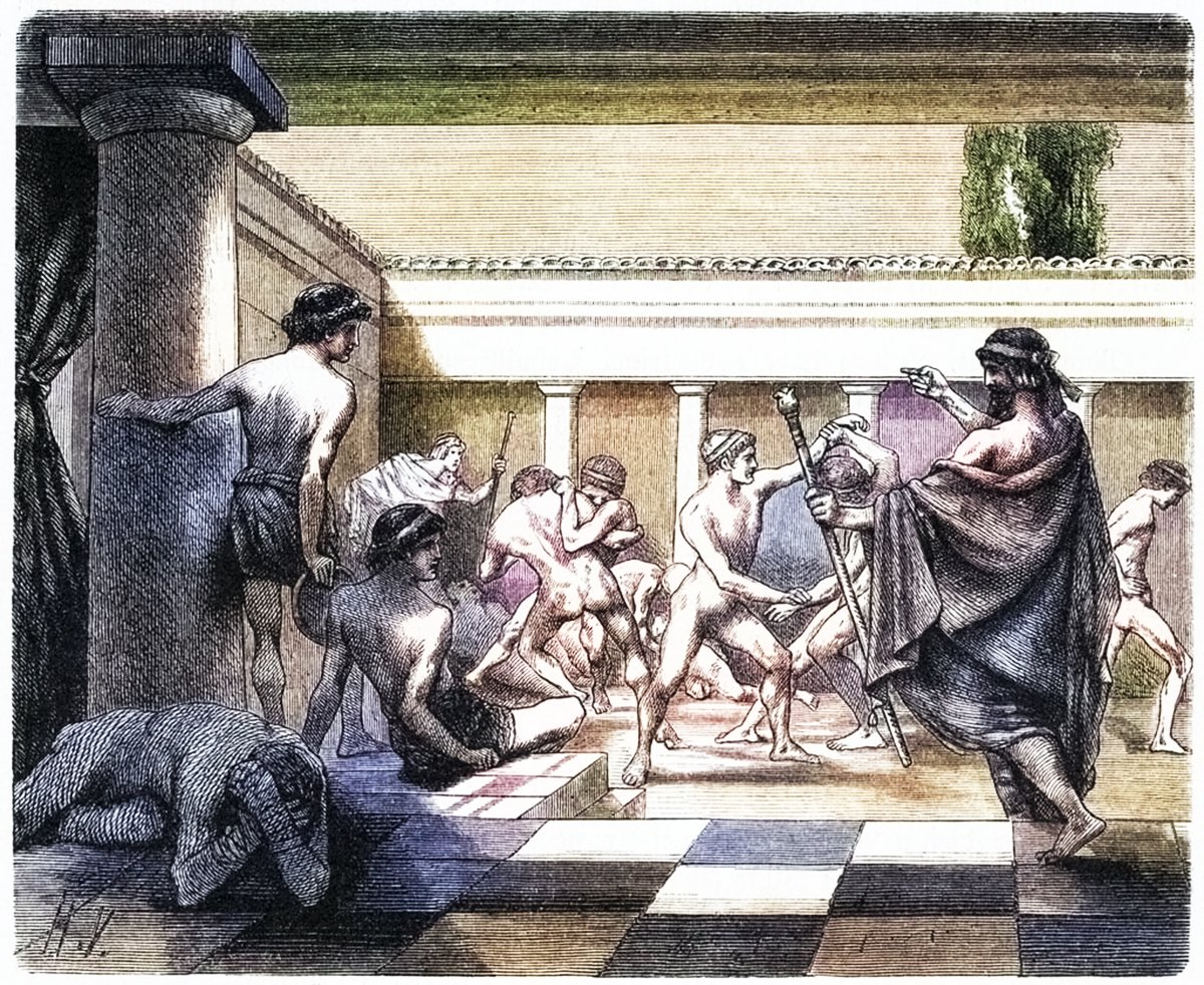 An engraving by Hermann Vogel depicting Spartan youths in intense wrestling and martial arts training. In a sunlit courtyard, the young boys, bare-skinned, engage in combat under the watchful eye of their instructor. The backdrop features classical Greek architecture with columns and open spaces. Their focused expressions highlight the discipline and resilience of Spartan upbringing, representing the military tradition of ancient Greece.