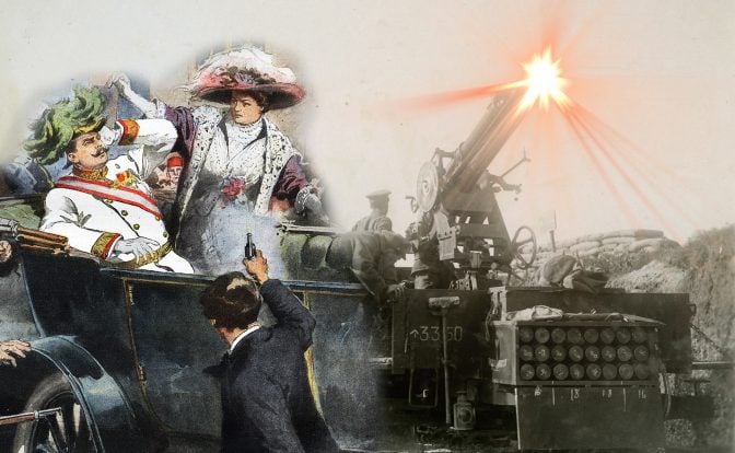 Composite image juxtaposing the assassination of Archduke Franz Ferdinand and his wife in Sarajevo with artillery soldiers operating a large cannon, symbolizing the tension between immediate triggers and underlying military preparations leading up to World War I.