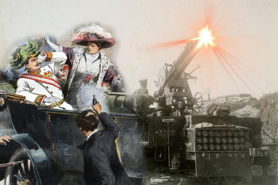 Composite image juxtaposing the assassination of Archduke Franz Ferdinand and his wife in Sarajevo with artillery soldiers operating a large cannon, symbolizing the tension between immediate triggers and underlying military preparations leading up to World War I.