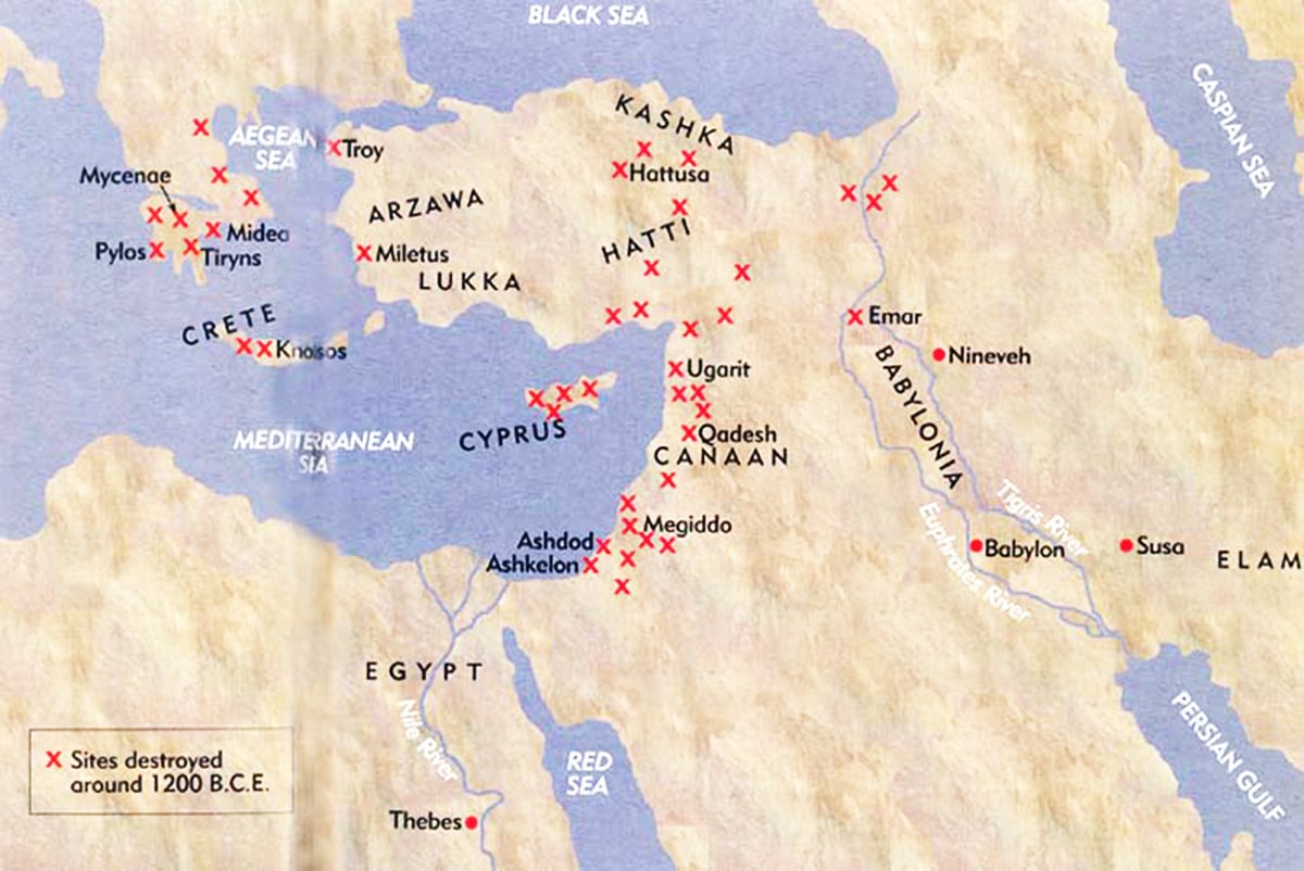 Map showing the locations of ancient settlements marked with red 'X' symbols, indicating areas that were deserted around 1200 B.C.E. during the Bronze Age Collapse, possibly due to extreme droughts. Key regions and bodies of water such as the Aegean Sea, Crete, Cyprus, Egypt, and the Mediterranean Sea are labeled for reference.