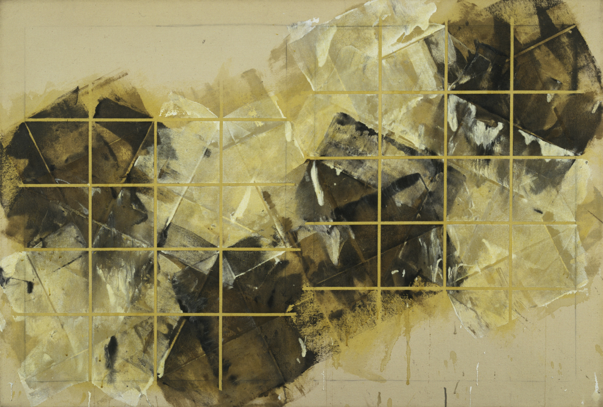 "14th Street Series Number 9" by Mark Lancaster, 1972, an abstract painting with a grid of shapes in a 'V' arrangement, using a warm palette of browns and yellows with black and white accents.