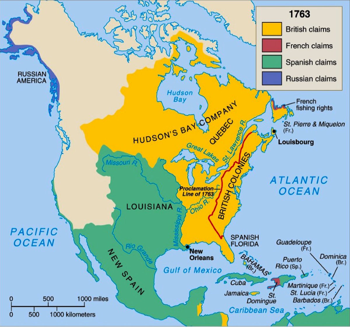 A color-coded map showing the territorial claims in North America following the Treaty of Paris in 1763. The map highlights British claims in yellow, French claims in red, Spanish claims in green, and Russian claims in purple. It indicates key locations such as the Hudson's Bay Company territory, Quebec, Louisiana, New Spain, and the British Colonies. The Proclamation Line of 1763 is also marked, delineating the boundary beyond which British colonists were prohibited to settle, in an attempt to stabilize relations with Native American peoples.