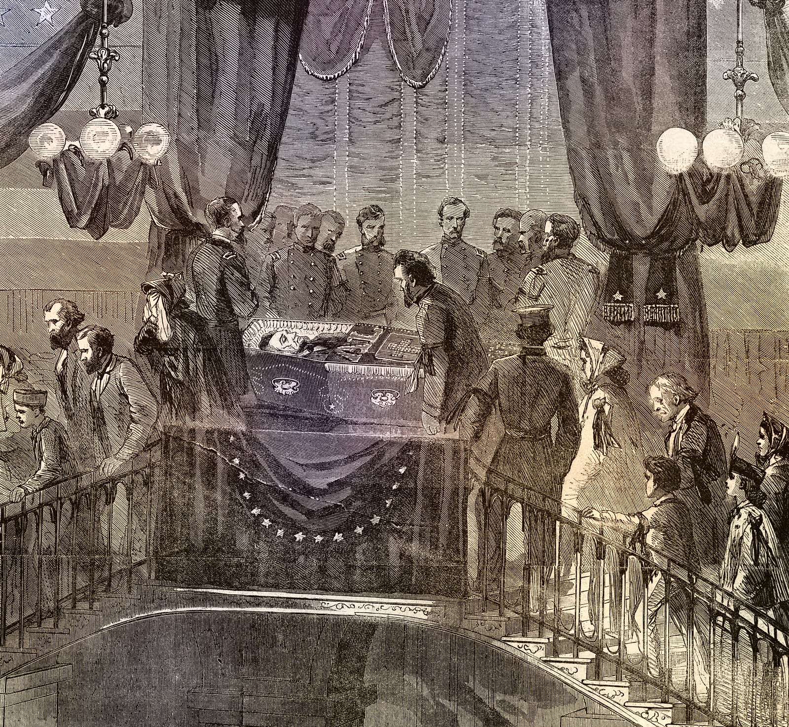 An artist's impression of President Abraham Lincoln lying in state at New York City Hall on April 24-25, 1865. The illustration depicts a somber scene with a draped casket surrounded by mourning officials and guards in uniform. A group of civilians, some with bowed heads, are paying their respects.