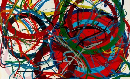 Dynamic abstract painting with vibrant red, blue, and green swirls and splatters, illustrating various abstract art compositions.