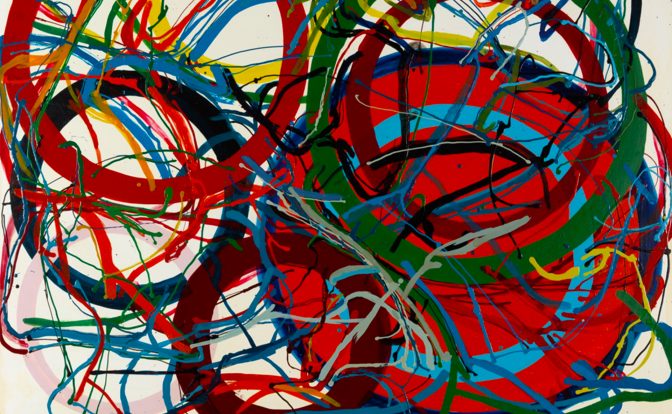 Dynamic abstract painting with vibrant red, blue, and green swirls and splatters, illustrating various abstract art compositions.