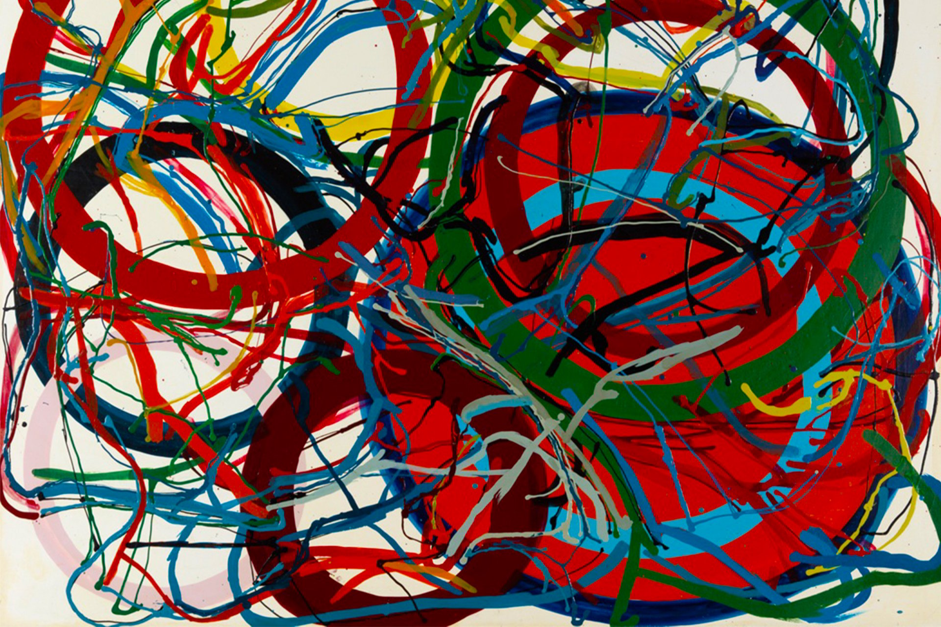 Dynamic abstract painting with vibrant red, blue, and green swirls and splatters, illustrating various abstract art compositions.