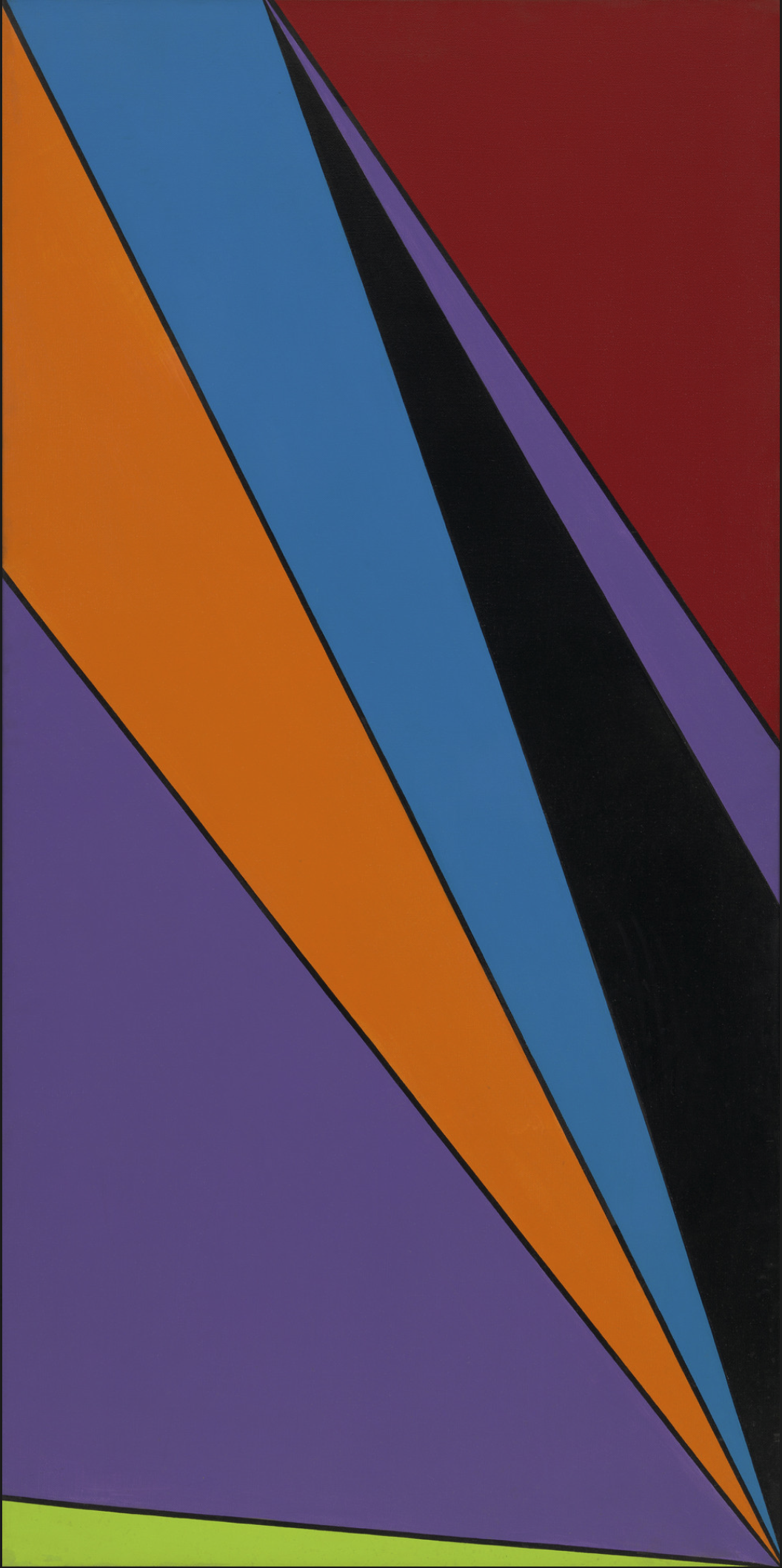  "Agriaki" by Olle Baertling, 1959, an abstract painting with a sharp diagonal composition using bold geometric shapes in red, blue, orange, purple, and black.
