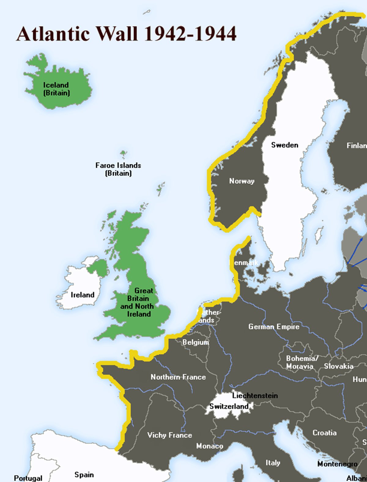 Map showing the extent of the Atlantic Wall from 1942-1944, a defensive barrier constructed by Nazi Germany along the western coast of Europe, from Norway down to the border of Spain.