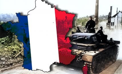 An edited image combining the map of France in blue, white, and red, symbolizing the national flag, with a historical photograph of a German tank and crew positioned on the right side, representing the German occupation during the Battle of France in World War II. The tank is set against the backdrop of a war-torn village, conveying the invasion and subsequent conflict within the country.