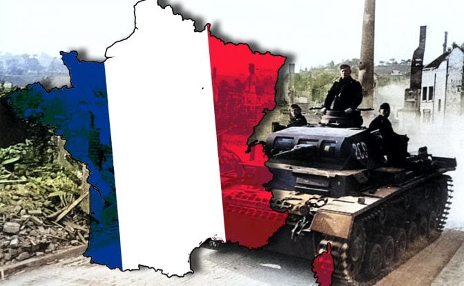 An edited image combining the map of France in blue, white, and red, symbolizing the national flag, with a historical photograph of a German tank and crew positioned on the right side, representing the German occupation during the Battle of France in World War II. The tank is set against the backdrop of a war-torn village, conveying the invasion and subsequent conflict within the country.