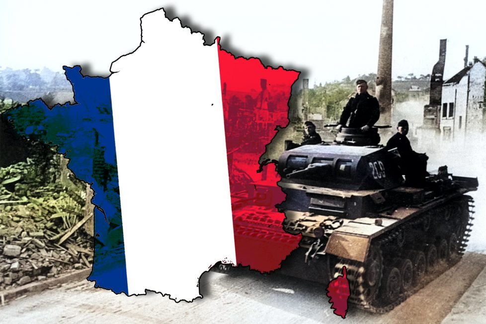 An edited image combining the map of France in blue, white, and red, symbolizing the national flag, with a historical photograph of a German tank and crew positioned on the right side, representing the German occupation during the Battle of France in World War II. The tank is set against the backdrop of a war-torn village, conveying the invasion and subsequent conflict within the country.