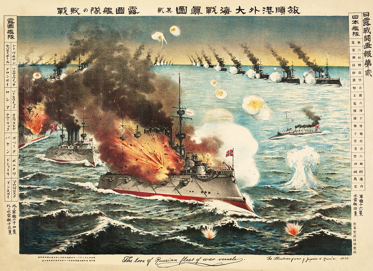 This illustration depicts the Battle of Port Arthur during the Russo-Japanese War, where a Russian battleship is shown exploding from bombardment by Japanese battleships. On the right, a fleet of Japanese ships fires upon Russian battleships on the left in a surprise naval attack.