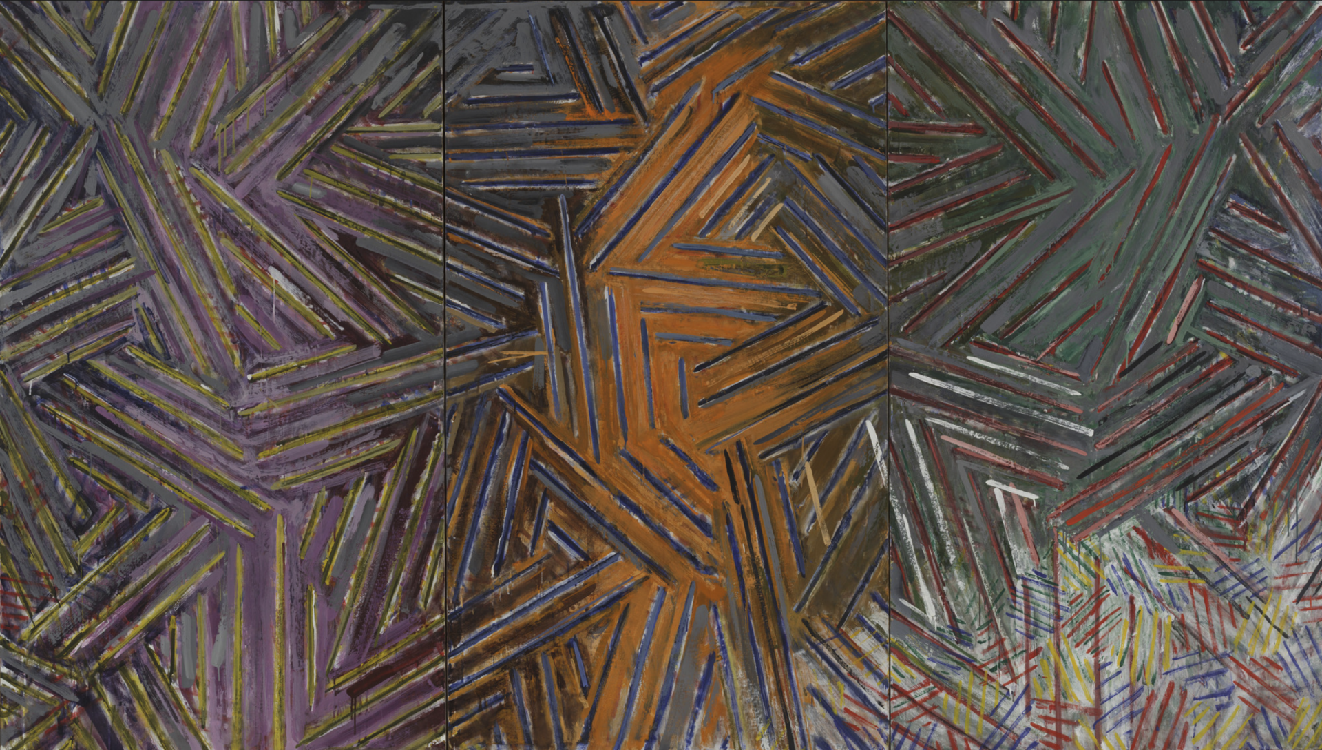 "Between the Clock and the Bed" by Jasper Johns, 1981, a triptych with cross-hatched patterns in varying colors, reflecting Johns' interest in literalness, repetitiveness, and the interplay of order and meaninglessness.