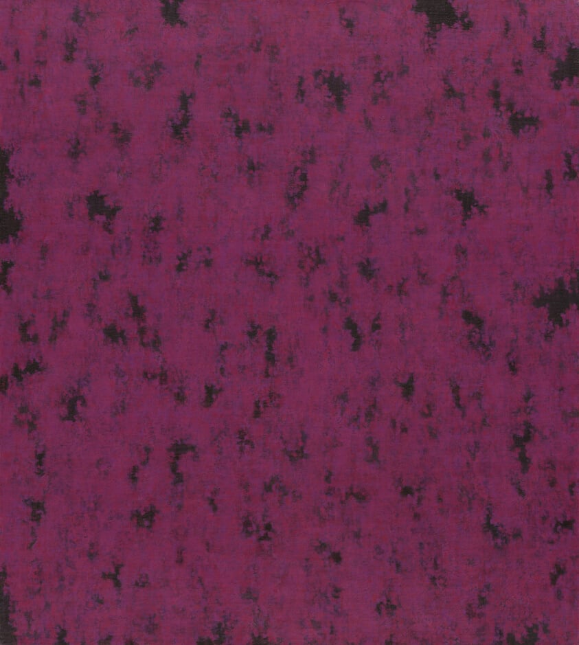 "Bloom" by Julia Fish, 1989, an abstract pattern composition in magenta, lavender, and deep green, creating a textured surface that evokes the visual experience of garden forms in twilight.