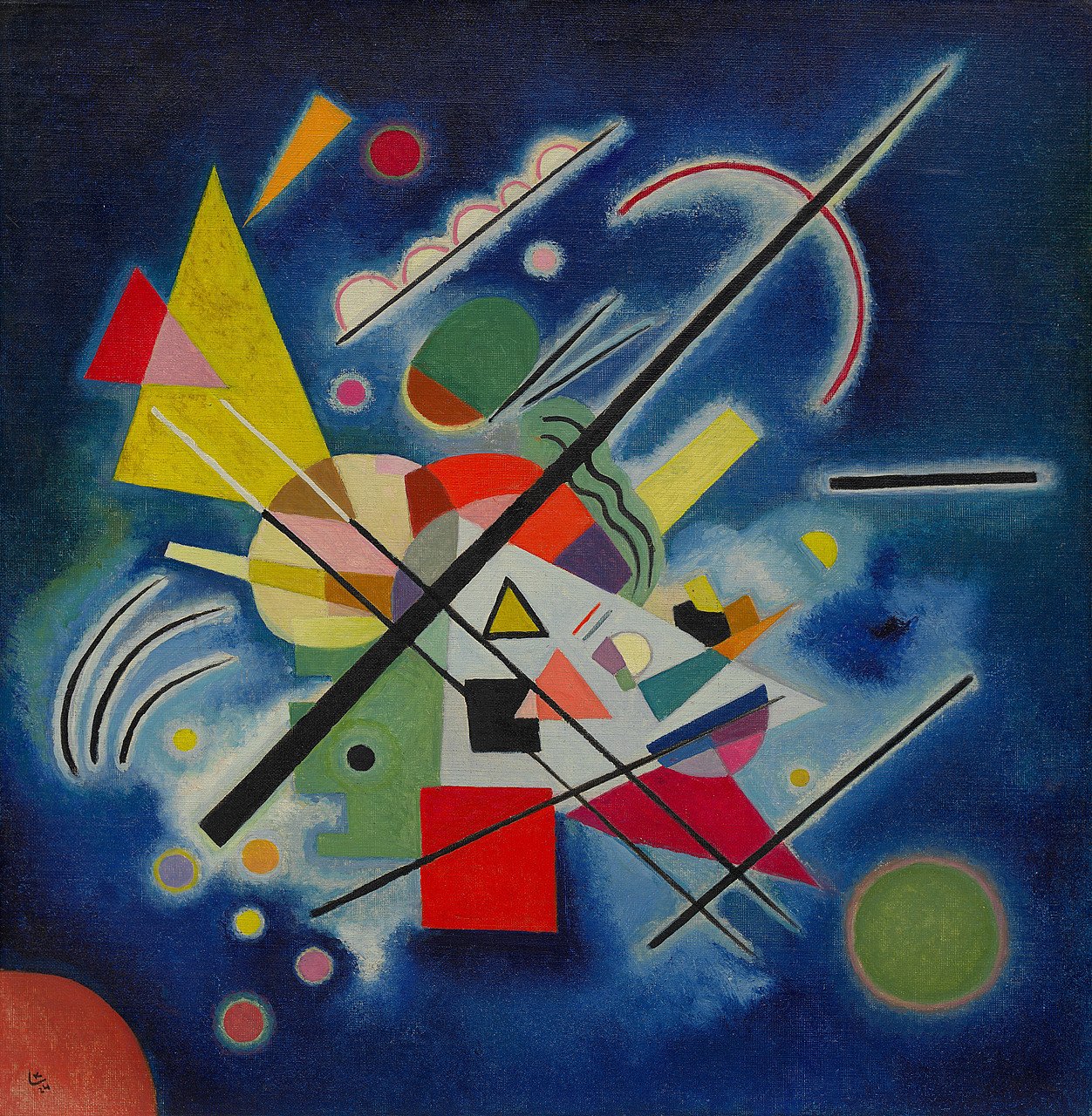 "Blue Painting (Blaues Bild)" by Vasily Kandinsky, 1924, features a cruciform composition with vibrant, abstract geometric shapes against a blue background.