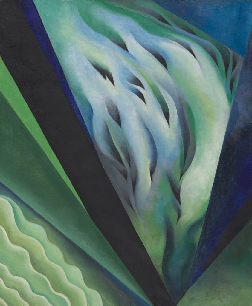 "Blue and Green Music" by Georgia O'Keeffe, an abstract painting with flowing blue and green forms arranged in a 'V' composition that evokes the movement and harmony of music.