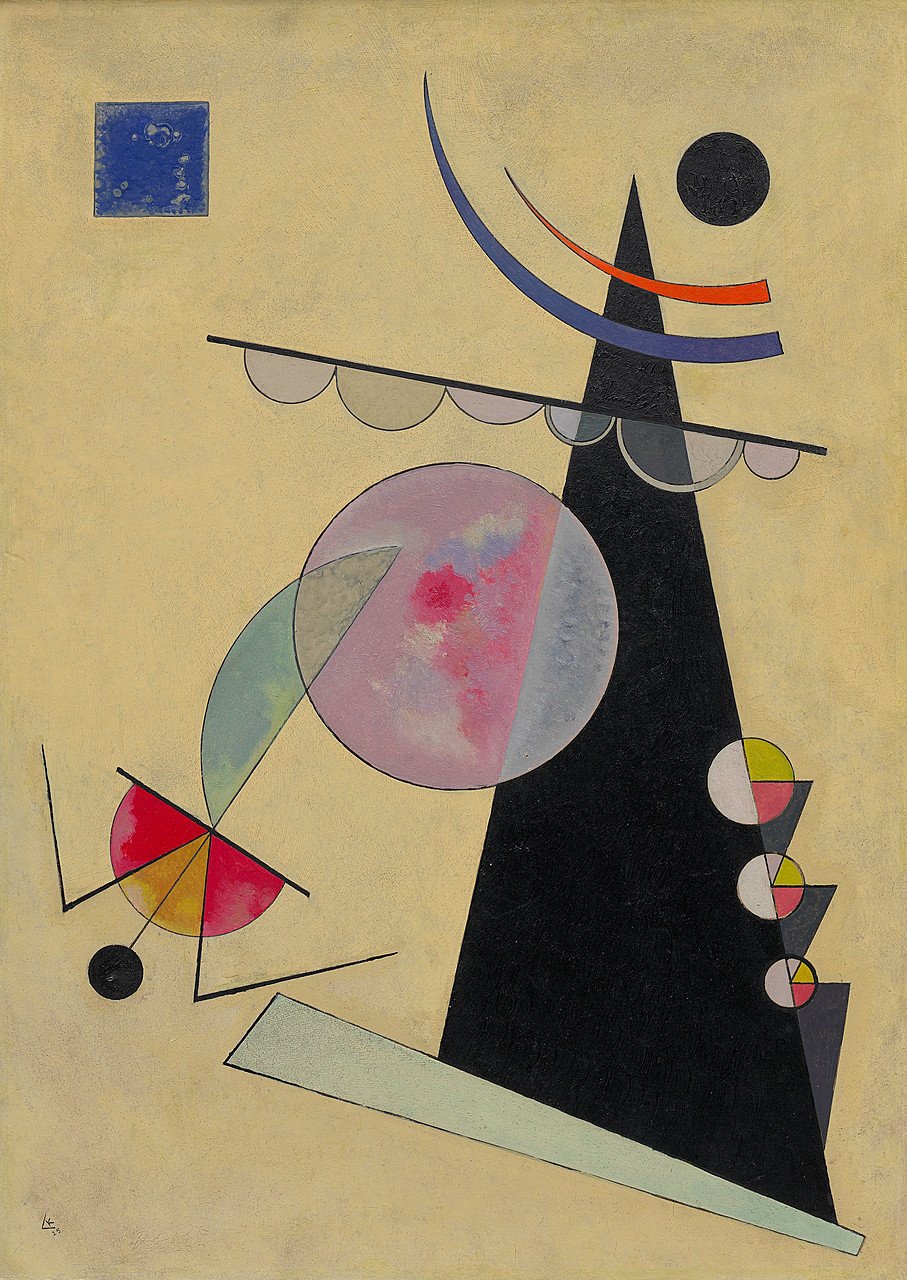 Bright Unity (Helle Einheit) by Vasily Kandinsky, 1925, Abstract painting with a central black conical shape, surrounded by geometric forms including circles and triangles, against a muted yellow background, creating an unbalanced composition.