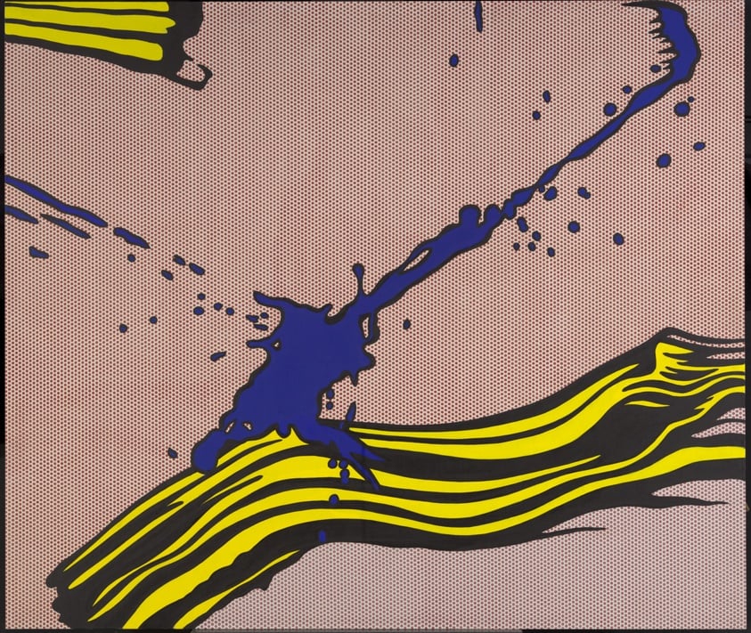 "Brushstroke with Spatter" by Roy Lichtenstein, 1966, featuring a dynamic yellow and black brushstroke on a Ben-Day dot background with a diagonal composition and a vivid blue paint spatter.