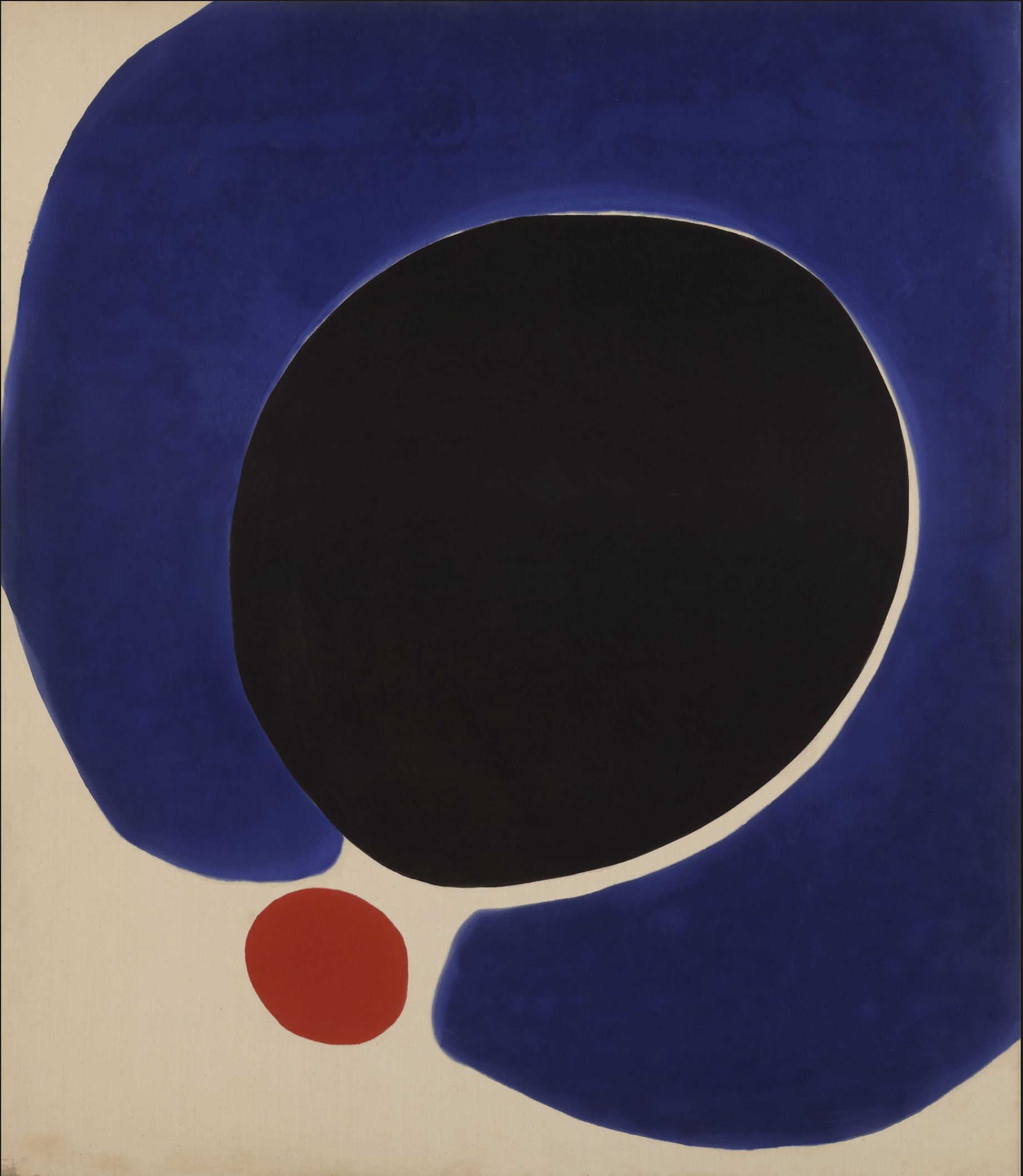"Cleopatra Flesh" by Jules Olitski, 1962, an abstract composition with a large blue shape surrounding a black circle and a contrasting red circle on a pale background, creating tension within the composition.