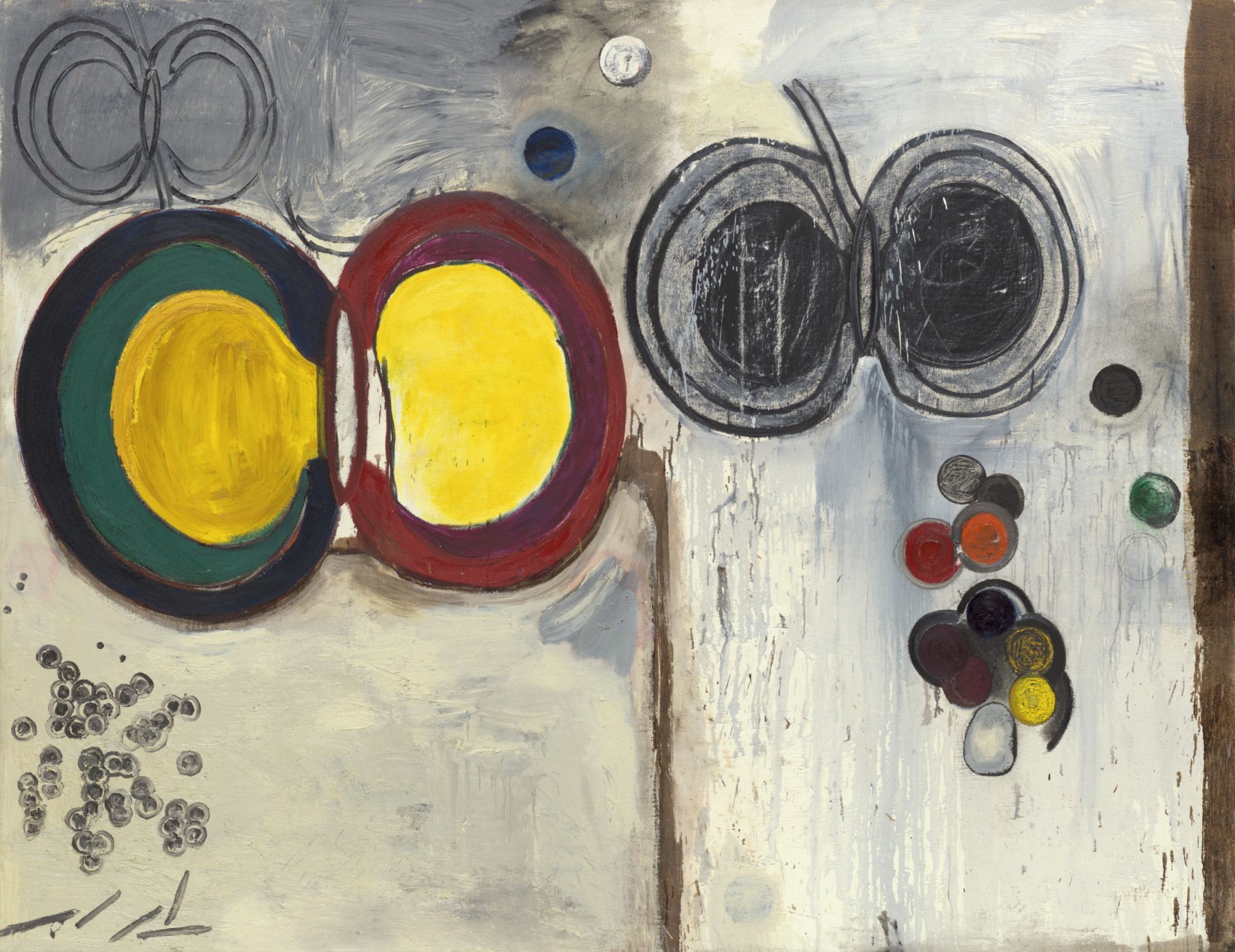 "Conjugation" by Terry Winters, 1986, an abstract painting with a balanced composition featuring circular shapes in various colors on a textured background, suggesting symmetry and connectivity.